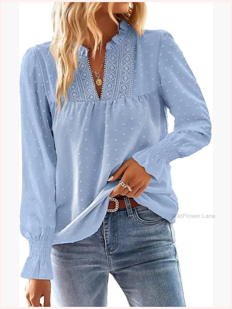 V Neck Lace Boho Blouse Flowy Swiss Dot Long Sleeve Tunic Top